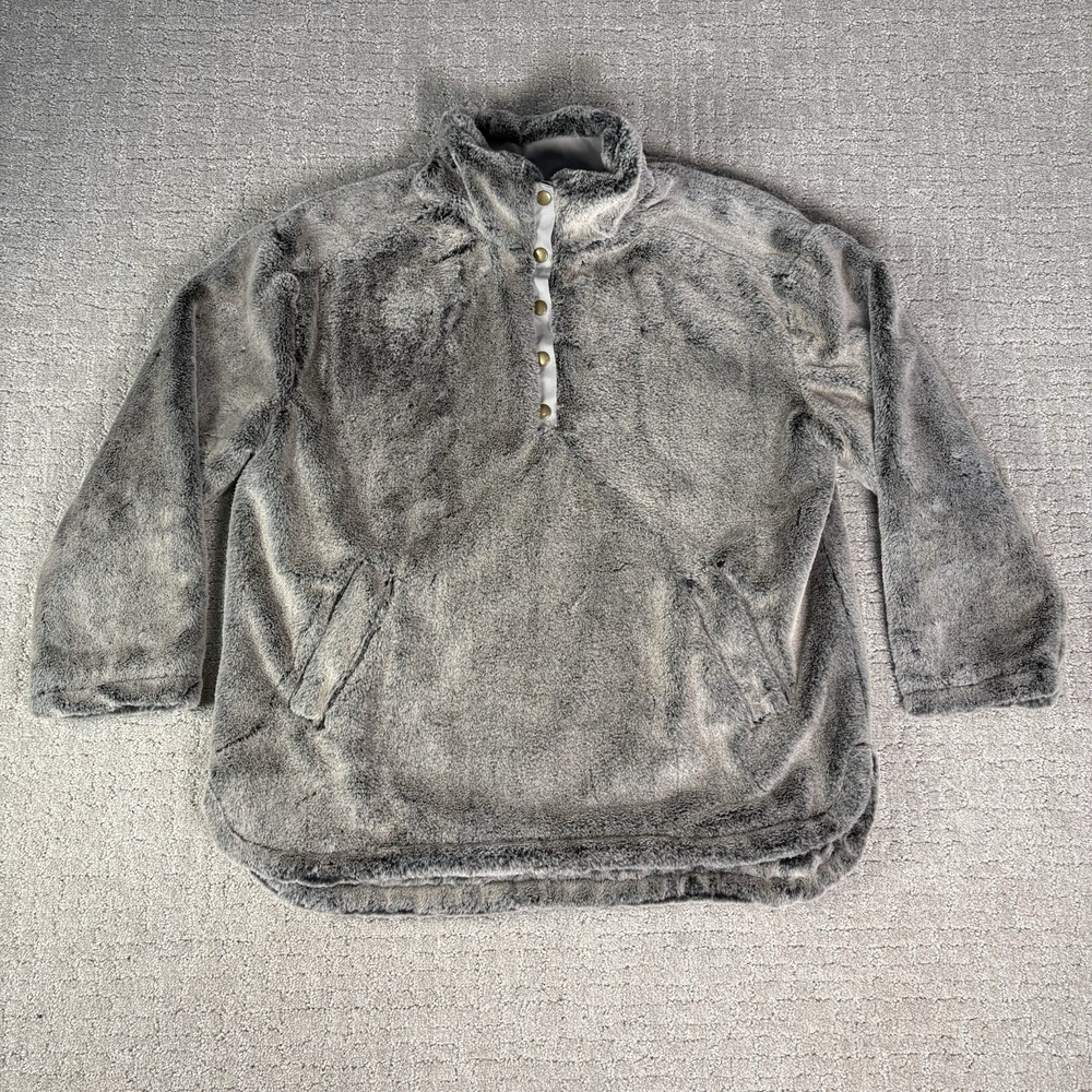 BKE Plush Pullover In Tan Grey Women's Size Large Quarter Snap Soft & Cozy